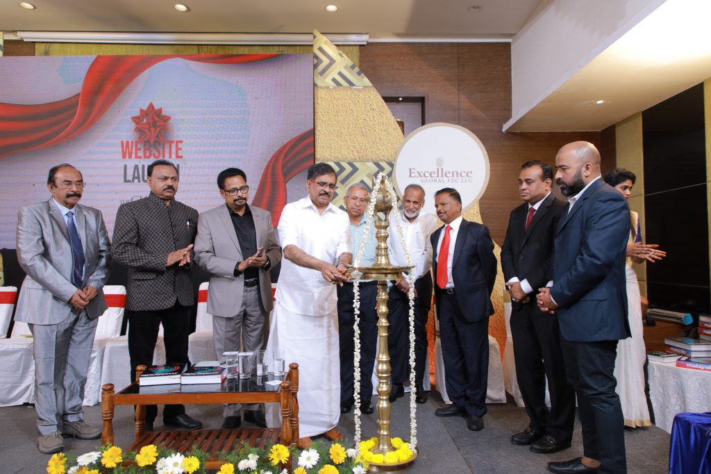 VNP Raj, Managing Director, Adheena Education, lights the lamp launching TheGulfIndians.com. Updendra K. Menon, Managing Editor, Who’s Who of Mumbai Malayalis, Francis Cleetus, Chairman, NTS Group of Companies, P. Sukumaran, Editorial Director, P.C.S. Pillai, Managing Director, Dafoos Group, E.P. Moosa Haji, Chairman, Fatheema Group of Companies. James Mathew, CEO and Managing Director, UHY James Mathew Chartered Accountants, Sughathan Janardhanan, Managing Director, Royal Palace group of companies, and Prathap Nair, Editor-in-Chief, TheGulfIndians.com are also seen.
